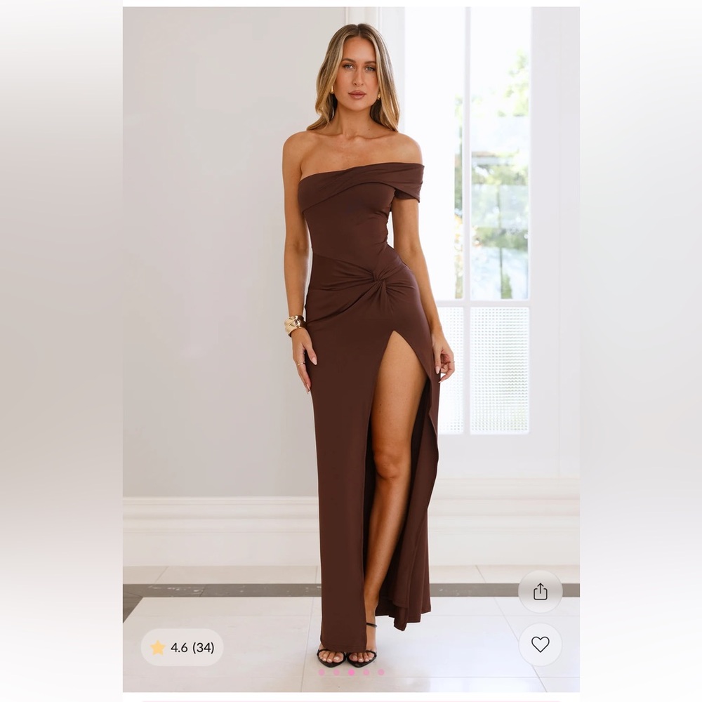 Hello Molly One-Shoulder Brown Maxi Dress with Thigh Slit